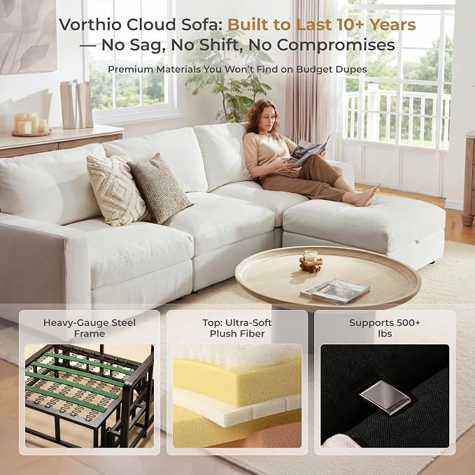 Cloud Couch Sectional 113.2'' Oversized Modular Deep Seat Sofa L Shaped Comfy White Cloud Couch with Washable Cover for Living Room 3 Seater with 1 Ottoman