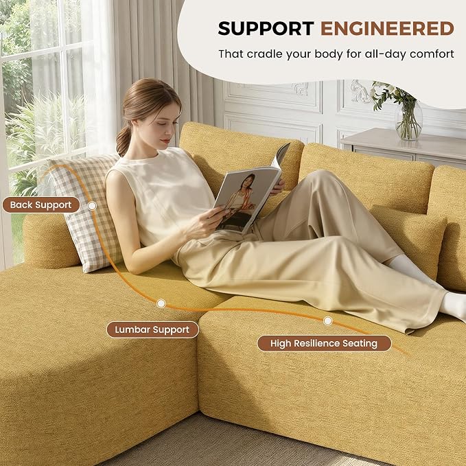 112" Modular Curved Sofa, Oversized Couches for Living Room, Modern Cloud Couch with Deep Seat, Chenille Foam Couch, No Assembly Required, Yellow, 1PCS