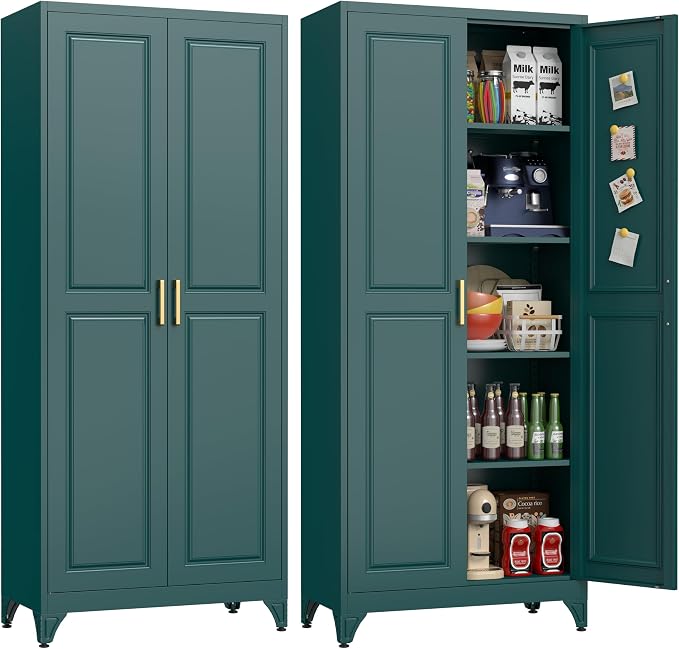 UNICOLY 75" Kitchen Pantry Cabinet, Tall Storage Cabinet with Doors and 4 Shelves, Metal Storage Cabinets for Kitchens, Living Room, Dinning Room, Assembly Required, Green