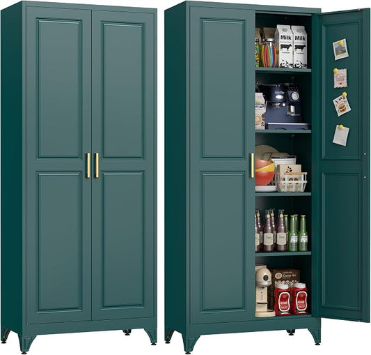 UNICOLY 75" Kitchen Pantry Cabinet, Tall Storage Cabinet with Doors and 4 Shelves, Metal Storage Cabinets for Kitchens, Living Room, Dinning Room, Assembly Required, Green