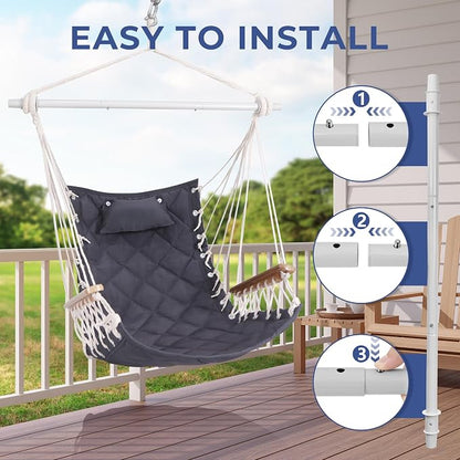Hammock Chair Hanging Swing with Wooden Armrest;Steel Spreader Bar,Pillows,Hardware kit Included;Cotton Woven Fabric;Up to 350 Lbs,for Indoor or Outdoor