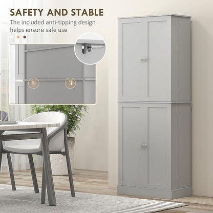 HOMCOM 65" Kitchen Pantry Storage Cabinet, Freestanding Kitchen Cabinet with 16 Door Shelves, Double Doors, 8-Tier Shelving and Adjustable Shelves, Gray