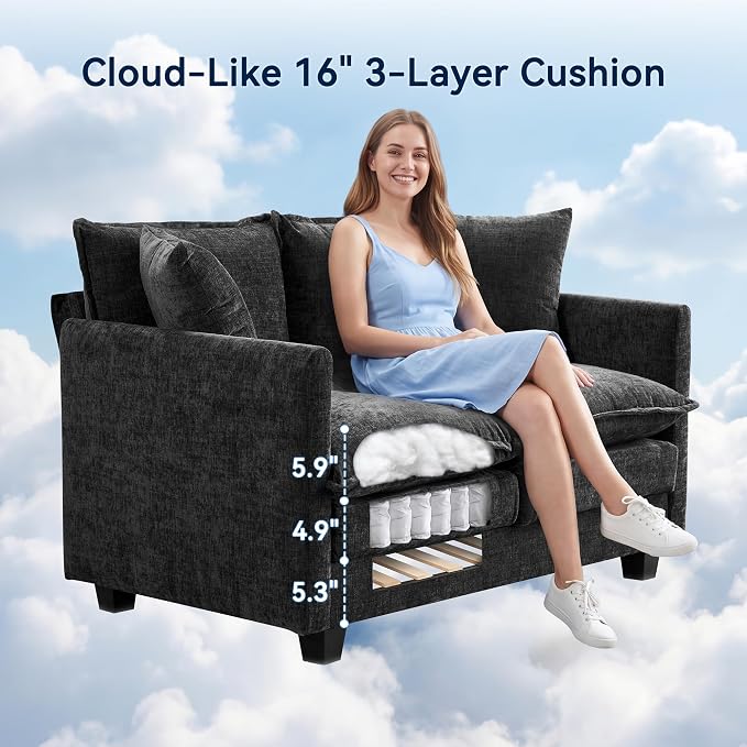Loveseat Sofa Couch 2 Piece Set, Small Compact 50" Love Seat 27" Deep Cloud Sofa Set Washable Chenille Pillow Living Room Set for Apartment Office 8833-BLACK-2+2