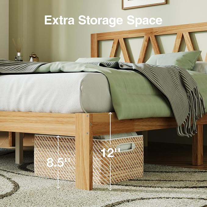 Novilla 12inch King Bed Frame Wooden King Bed Frame and Headboard, Solid Wood King Size Bed Frame with Headboard, No Box Spring Needed, Easy Assembly, Natural