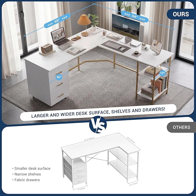 Techni Mobili L Shaped Desk - Two-Toned Computer Desk with Drawers & Storage Shelves - Simple Modern Furniture & Home Office Space Corner Table for Work & Writing | 59" two‑tone L‑shaped desk with storage shelves, durable frame, modern corner workstati...
