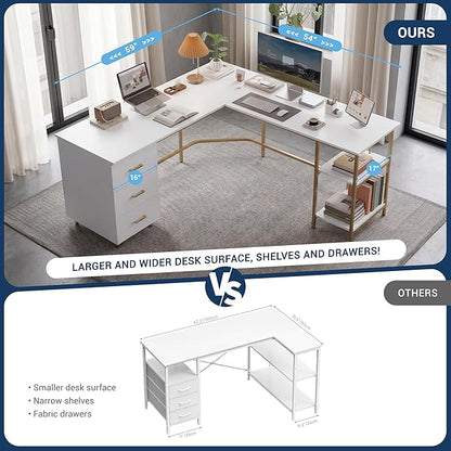 Techni Mobili L Shaped Desk - Two-Toned Computer Desk with Drawers & Storage Shelves - Simple Modern Furniture & Home Office Space Corner Table for Work & Writing | 59" two‑tone L‑shaped desk with storage shelves, durable frame, modern corner workstati...