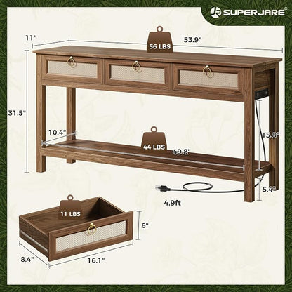 SUPERJARE Rattan Console Sofa Table with Outlets and USB-C Port, 3 Drawer Entryway Table with Synthetic Rattan Surface, 53.9 Inch, Open Shelf, Behind Couch Entry Foyer Hallway Storage, Brown