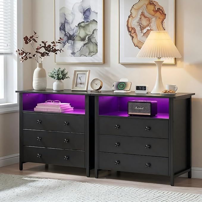 27" LED Nightstand Set 2 with Charging Station & 3 Drawers, Black | Solid Wood and Steel Frame, 2 AC Outlets, 2 USB Ports, RGB App Control, Open Storage, Adjustable Feet, for Bedroom or Office