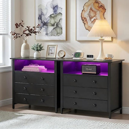 27" LED Nightstand Set 2 with Charging Station & 3 Drawers, Black | Solid Wood and Steel Frame, 2 AC Outlets, 2 USB Ports, RGB App Control, Open Storage, Adjustable Feet, for Bedroom or Office