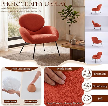 Accent Chair, Cloud Accent Chair for Bedroom, Boucle Fabric(Orange) | Comfy Bedroom Chair with Love Back and Sturdy And Durable Solid-Wood Frame/ Study Room / Bedroom / Living Room /(Cream Style)