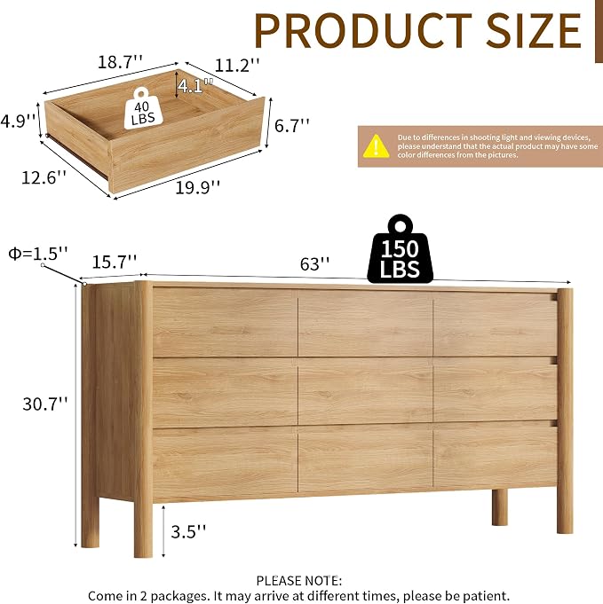 CHUWELL 3-Piece Bedroom Dresser Set-9 Drawer Dresser & 2 Nightstands,63" Wide Oak Dresser and Night Stands with Solid Wood Cylindrical Legs,Rustic Wooden Storage for Bedroom