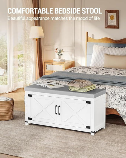 Hzuaneri Shoe Storage Bench, 2 Tier Shoe Bench with Padded Seat Cushion & 2 Barn Doors, Entryway Bench with Adjustable Shelf, Farmhouse Shoe Cabinet for Living Room, Bedroom, White SB26603GY