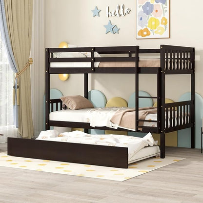 Bellemave Twin Over Twin Bunk Bed with Trundle,Convertible Bunk Beds with Ladder & Safety Guardrails,Twin Size Bunk Beds for Kids Girls Boys,Espresso