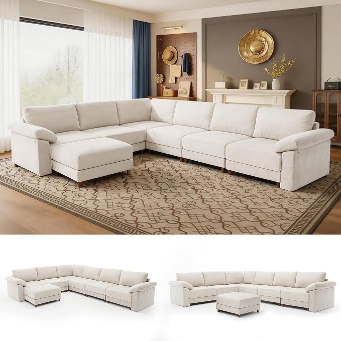 Oversized Modular Cloud Couch with Removable Washable Cover, L/V-Shaped Sectional for Large Living Room, Plush Chenille & Deep Seat（Beige）