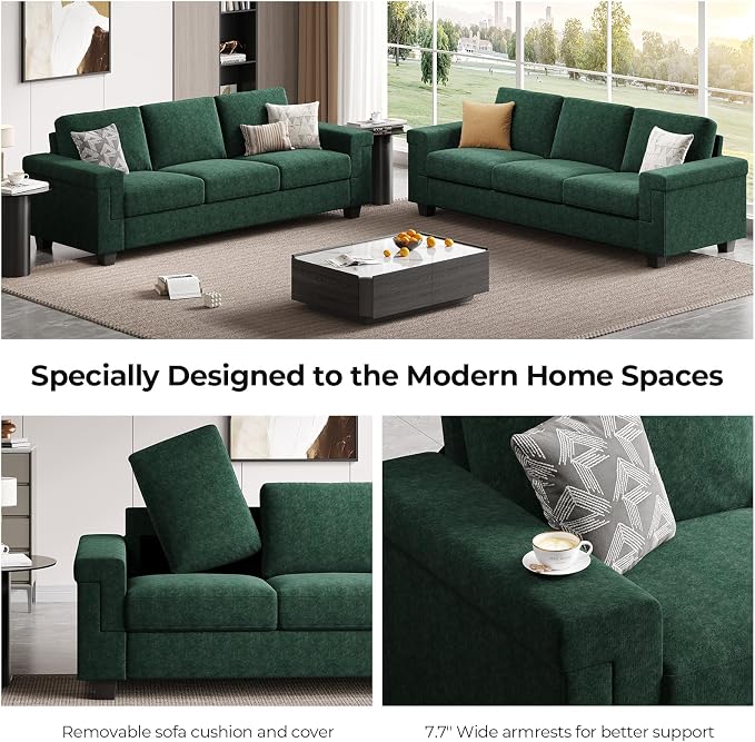 COPIAE 3 Seater Sofa Couch with Deep Seat, 90" Modern Upholstered Sofa with Armrests, Easy Installation, Comfy Couches for Living Room, Apartment, Green