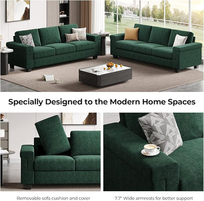 COPIAE 3 Seater Sofa Couch with Deep Seat, 90" Modern Upholstered Sofa with Armrests, Easy Installation, Comfy Couches for Living Room, Apartment, Green