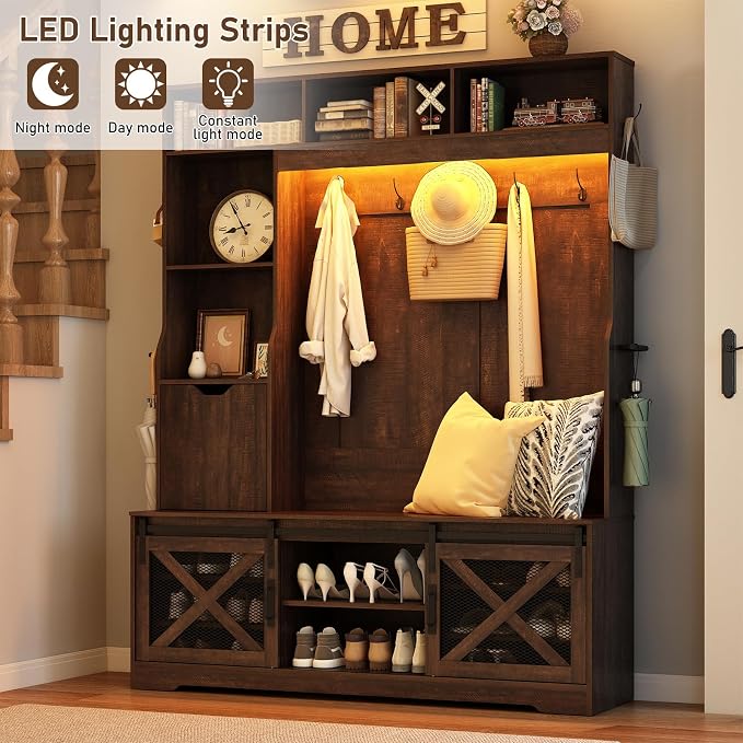 75''H 59''W Large LED Farmhouse Hall Tree with Bench and Shoe Storage,Entryway Bench with Coat Rack,16 Shoe Cubbies & Umbrella Holder and Sock Storage Drawer,Mudroom/Hallway Storages Cabinet(Brown)
