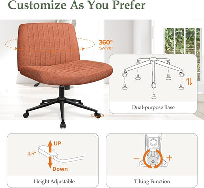 Orange Factory Criss Cross Chair Wheels Wide Cross Legged Office Desk Vanity Dual Base Comfy Fabric Armless Adjustable Swivel for Home Computer Task (Brown Dual Base, Fabric)