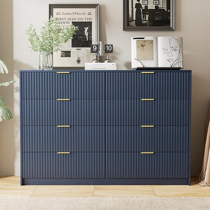Furniway Navy Blue Dresser for Bedroom, Modern Dresser with 8 Drawers and Smooth Slides, Wide Chest of Drawers with Golden Handles for Bedroom, Closet, 15.7" D x 55" W x 37.4" H