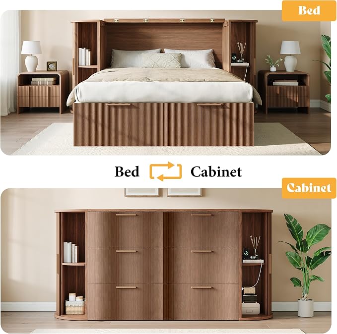 AMERLIFE Queen Murphy Bed with Storage Bedside Shelves & Sliding Tambour Door, Modern Cabinet Bed with Charging Station & Curved Fluted Design for Bedroom/Guest/Home Office, Brown