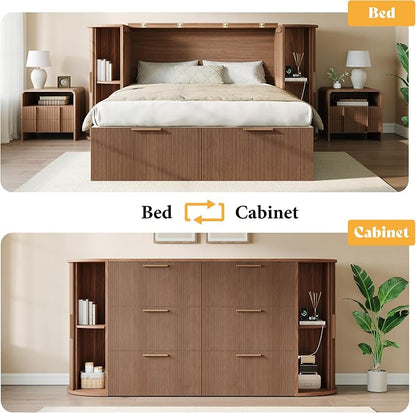 AMERLIFE Queen Murphy Bed with Storage Bedside Shelves & Sliding Tambour Door, Modern Cabinet Bed with Charging Station & Curved Fluted Design for Bedroom/Guest/Home Office, Brown