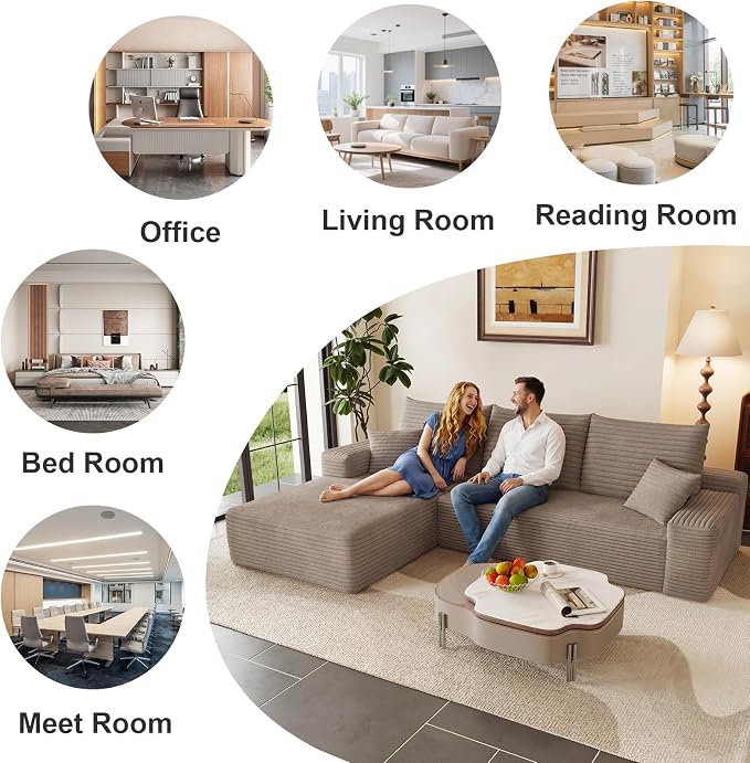 95" Cloud Sectional Couch with L-Shape Chaise, Modular Comfy Sofa Chaise Longue, Upholstered Corduroy Couches Sleeper with Deep Seat for Living Room Bedroom, No Assembly Required(Camel, Left Facing)