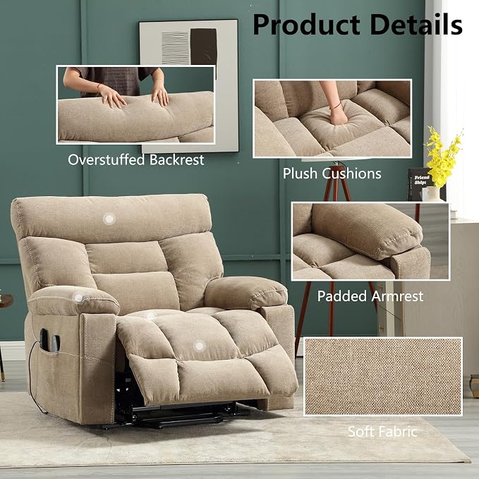 CANMOV Dual Motor Power Lift Recliner Chair for Elderly, 27" Extra-Wide Seat 450 lbs Weight Capacity Infinite Position Adjustment, with Heated Massage, Cup Holders and USB Port, Camel Fabric