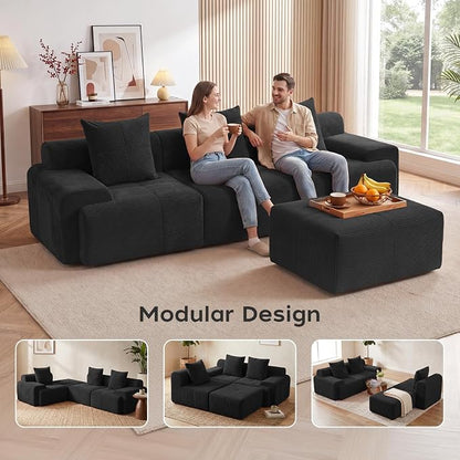 118" Sectional Boneless Oversize Modular Couches, Curved Cloud Sectional Sofa for Living Room, Corduroy L Shape Deep Seat Sofa with Ottoman & 3 Throw Pillows, No Assembly Required,Black