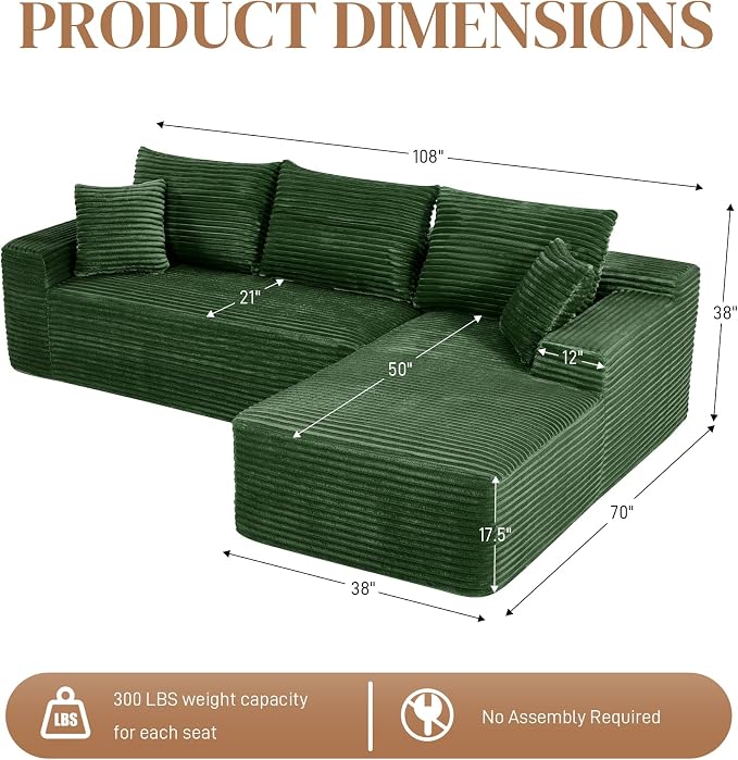 108" L Shaped Cloud Boneless Sectional Couches for Living Room, Modern Comfy Modular Deep Seat Memory Foam Compressed Corduroy Sofa Oversized Right Facing Chaise, No Assembly Required, Green