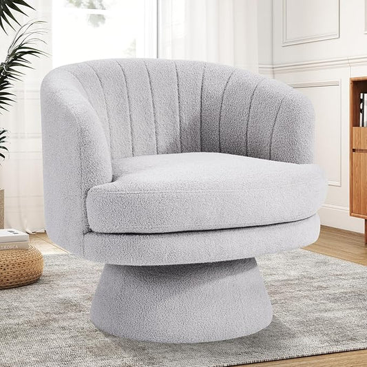 CANMOV Swivel Accent Chair with Armrest, Modern 360 Degree Swivel Barrel Chair with Curve Back and Soft Cushion,Comfy Round Sherpa Teddy Armchair Single Sofa for Living Room,Bedroom, Light Grey