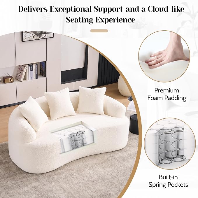 65" Curved Loveseat for Small Spaces,Boneless Loveseat Sofa,Wood Grain Chenille Fabric, No Installation Requirement, Curved Sofa Couch for Apartment,Living Room,Office (Cream White, 65")