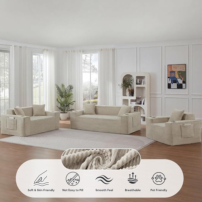 Boneless Sectional Sofa 3 Piece Set with Cup Holders & Side Pockets, Modern Corduroy Fabric Deep Seat Cloud Couch Living Room, Office, No Assembly (Camel)