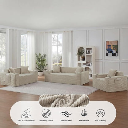 Boneless Sectional Sofa 3 Piece Set with Cup Holders & Side Pockets, Modern Corduroy Fabric Deep Seat Cloud Couch Living Room, Office, No Assembly (Camel)