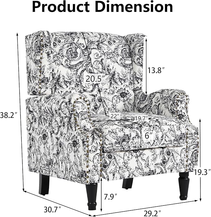 Pia Ricco High Back Floral Accent Chair - Retro Wingback Upholstered Armchair with Nailhead Trim, Solid Wood Legs, Fabric Living Room Bedroom Reading Chair (Rococo Black)