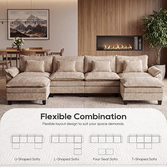 URRED Oversized Modular Sectional Sofa, 157" U Shaped Modern Comfy Cloud Couch with Movable Ottoman & Pillows, Deep Seat Couches for Living Room, Bedroom or Apartment (Chenille Khaki, 157" U Shaped)