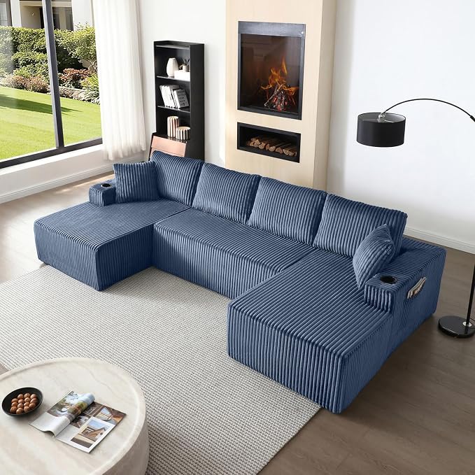 124" Modular Sectional Sleeper Sofa, Boneless Cloud Couch for Living Room, U Shaped 5 Seat Sofa with 2 Storage Pockets& 2 Cup Holders, Free Combination, No Assembly Required