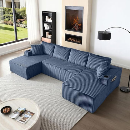124" Modular Sectional Sleeper Sofa, Boneless Cloud Couch for Living Room, U Shaped 5 Seat Sofa with 2 Storage Pockets& 2 Cup Holders, Free Combination, No Assembly Required