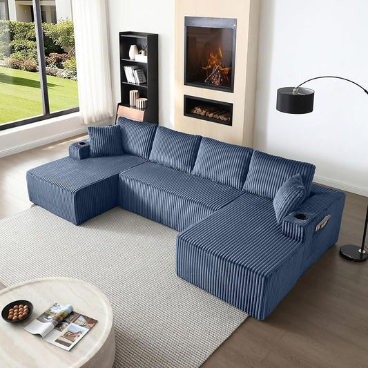 124" Modular Sectional Sleeper Sofa, Boneless Cloud Couch for Living Room, U Shaped 5 Seat Sofa with 2 Storage Pockets& 2 Cup Holders, Free Combination, No Assembly Required