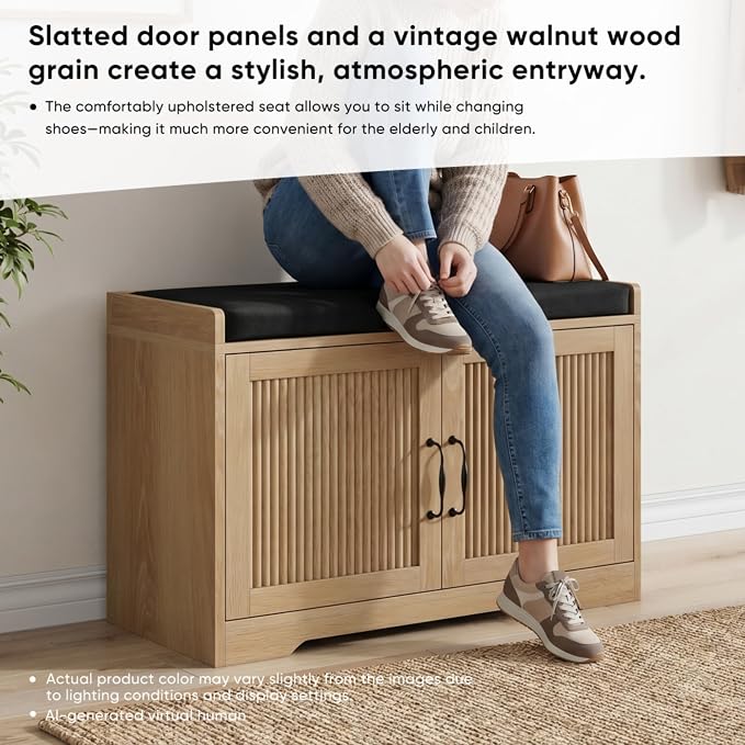 Entryway Shoe Storage Bench with Upholstered Seat, Double Door Cabinet, Adjustable Shelving, Slatted Front, Engineered Wood Organizer for Hallway, Foyer, Mudroom, Bedroom, Walk-In Closet (Oak)