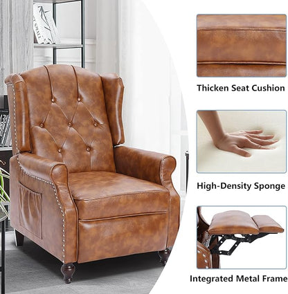 Wingback Recliner Chair with Heat and Massage, PU Leather Push Back Recliner Chair for Living Room, Vintage Wingback Recliner with Remote Control,Padded Cushion,Backrest,Wooden Legs