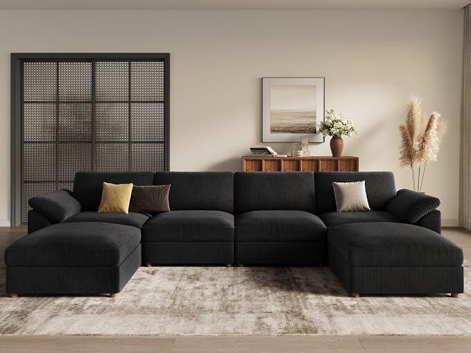 EASE MOOSE U Shape Sectional Sofa,Oversized Deep Seat Modular Couch,Modern Fashion Corduroy Cloud Sectional Sofa, Removable Cover,Black