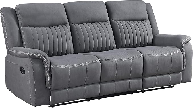 Lexicon Manual Double Reclining Sofa, Polished Microfiber Upholstered 3 Seater Manual Sofa Recliner for Living Room, Wall Hugger, Easy Assembly, Gray