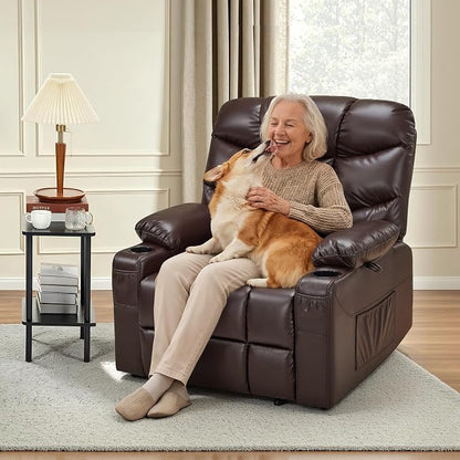 MCombo Oversized Power Lift Recliner Chair with Extended Footrest, Extra Wide for Big and Tall Elderly People, Faux Leather R7289 (Dark Brown, Medium-Wide)