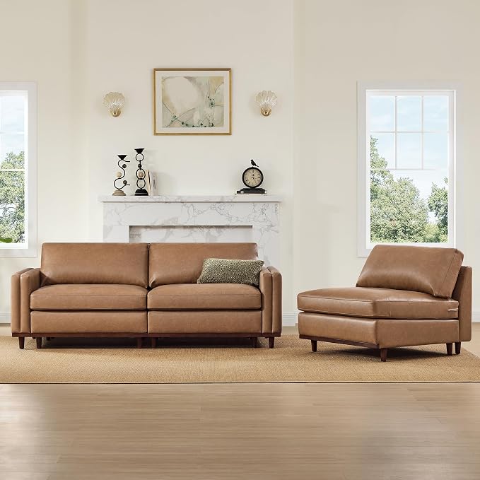 CHITA 118” Super Large Luxury Sectional Modular Sofa, Down Filled, 3 Seat Couch, Faux Leather in Camel