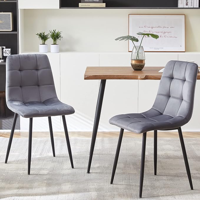NORDICANA Grey Velvet Dining Chairs Set of 4, Upholstered Tufted Kitchen Chairs, Comfortable Seat, Metal Leg, Easy Assembly