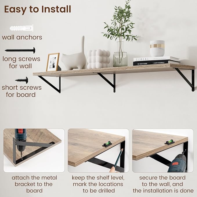 Axeman 12 Inch Deep Floating Shelves for Wall - 55 Inch Wide x 12 Inch Deep Wall Shelves Set of 2 - Rustic Grey Wood Floating Shelves for Living Room