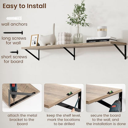 Axeman 12 Inch Deep Floating Shelves for Wall - 55 Inch Wide x 12 Inch Deep Wall Shelves Set of 2 - Rustic Grey Wood Floating Shelves for Living Room
