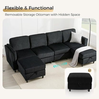 KKL 6 Seater 108‘’ Sofa Bed with Storage Ottoman - Convertible L/U-Shaped Sleeper Couch for Living Room, Modular Sectional Sofa Couch, Modern Reversible Design (Black,6 Seater U Shape)