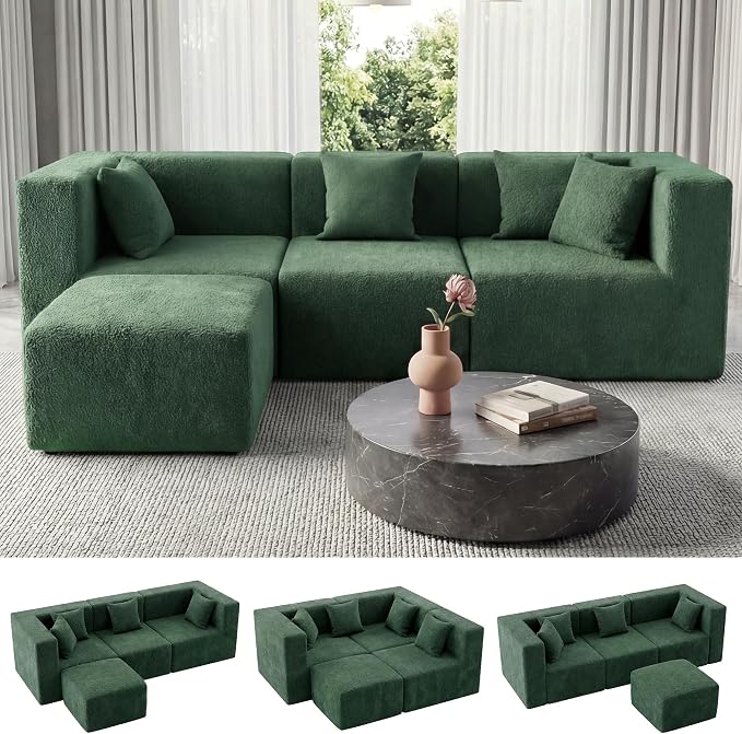 MONVANE 103'' Modular Sectional Sofa, Comfy Teddy Velvet Cloud Couch with Ottoman, Modern Convertible L Shaped Couch with Deep Seat, Sectional Couches for Living Room, Bedroom and Apartment, Green