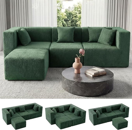 MONVANE 103'' Modular Sectional Sofa, Comfy Teddy Velvet Cloud Couch with Ottoman, Modern Convertible L Shaped Couch with Deep Seat, Sectional Couches for Living Room, Bedroom and Apartment, Green